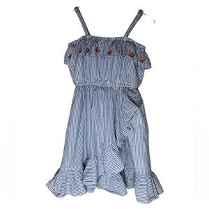 Jamie and Jack Striped Blue Kids Dress with Floral Embroidery